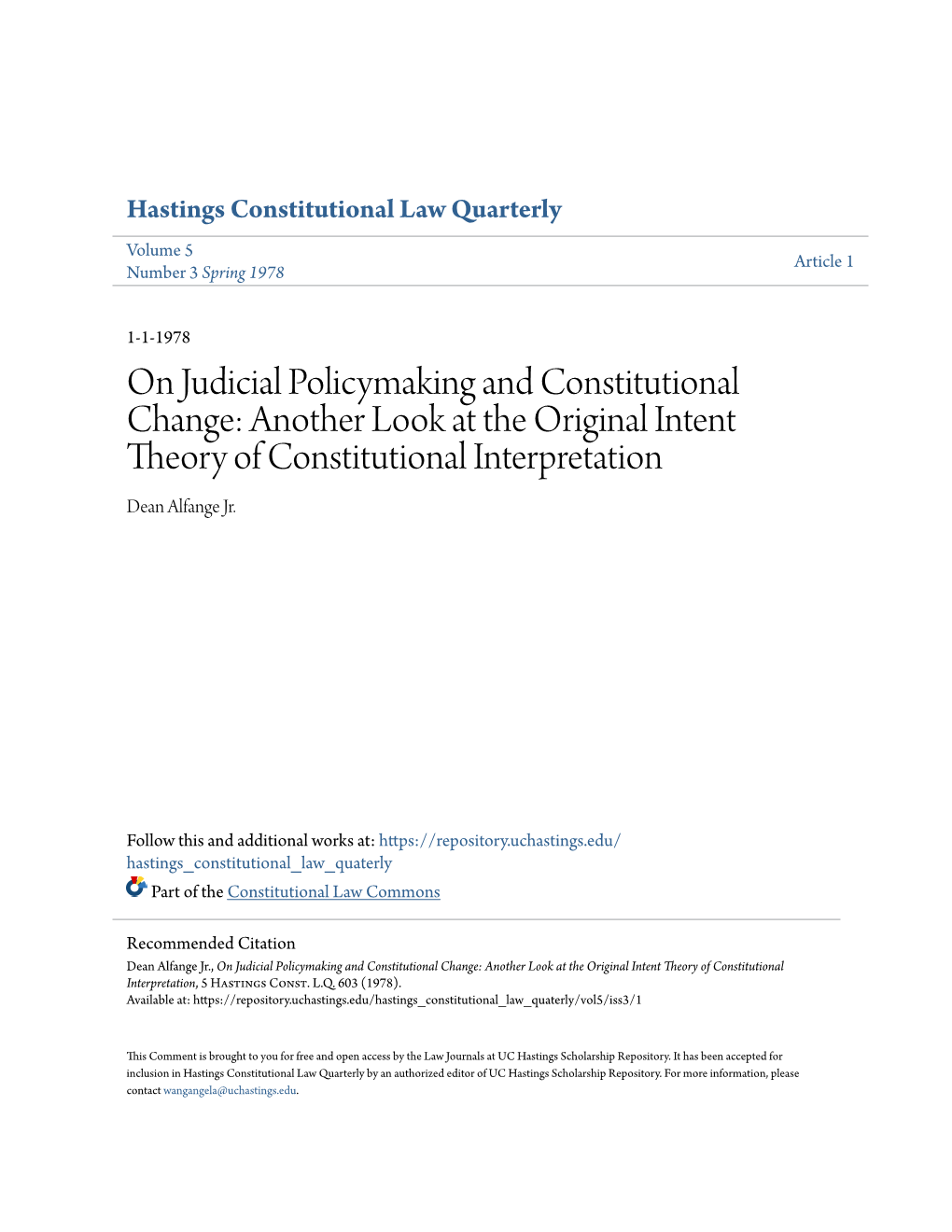 Another Look at the Original Intent Theory of Constitutional Interpretation Dean Alfange Jr