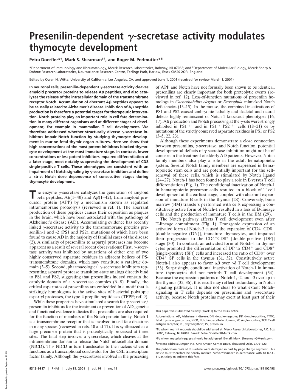 Presenilin-Dependent -Secretase Activity Modulates Thymocyte
