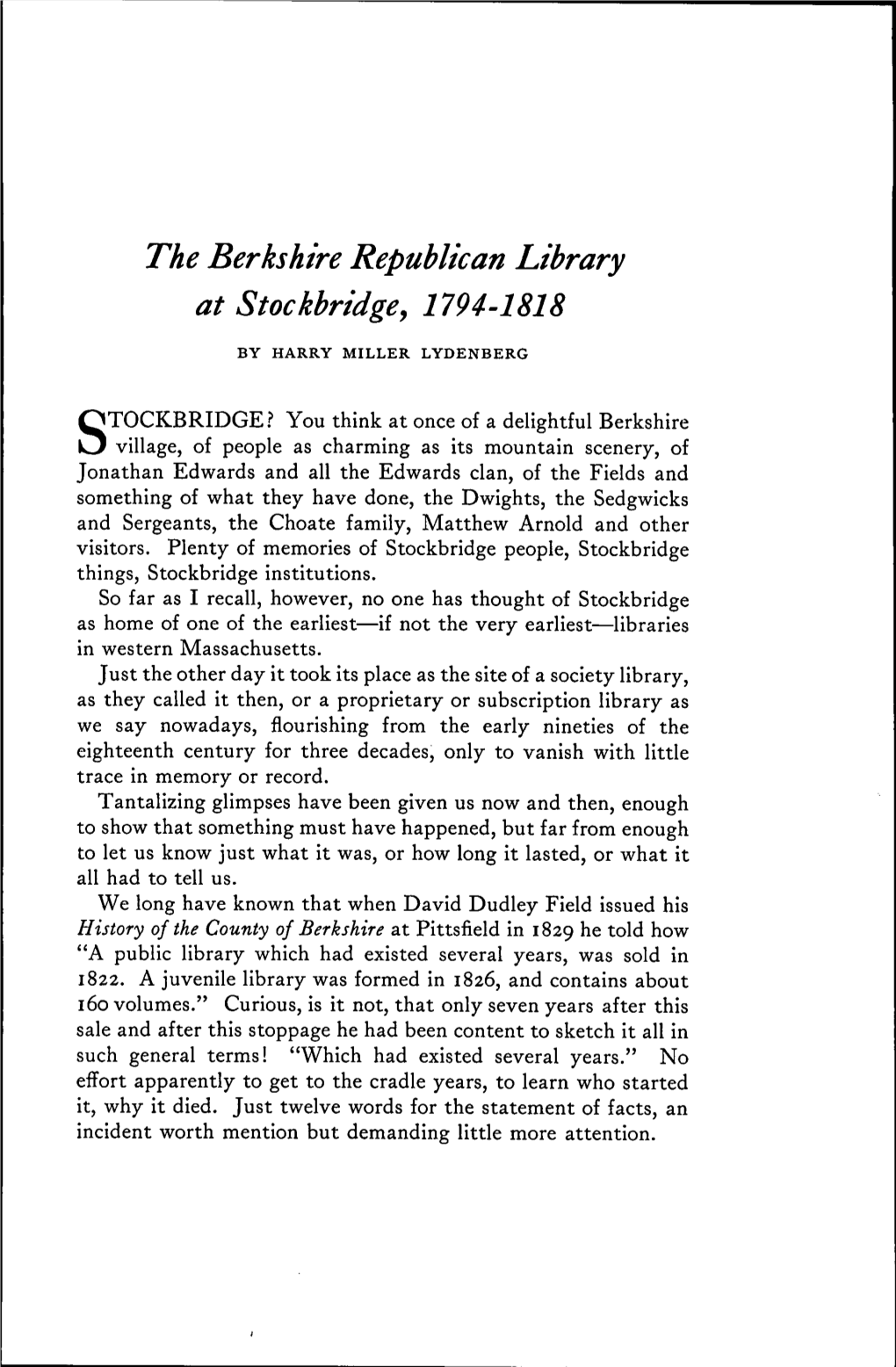 The Berkshire Republican Library at Stockbridge, 1794-1818