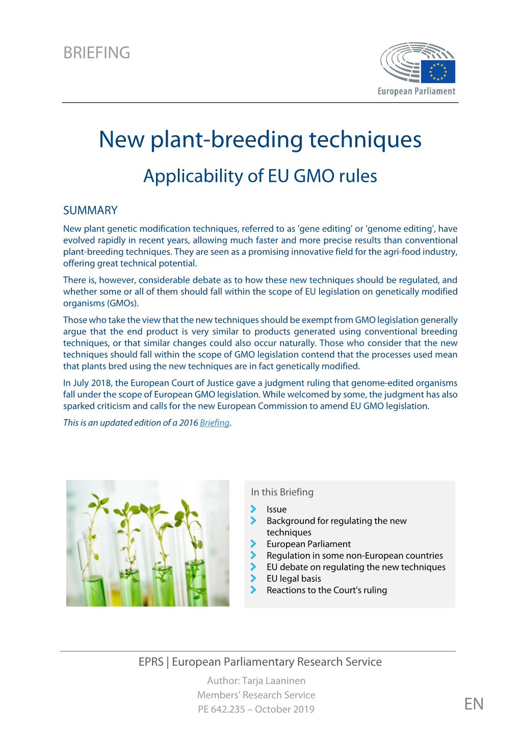 New Plant-Breeding Techniques Applicability of EU GMO Rules