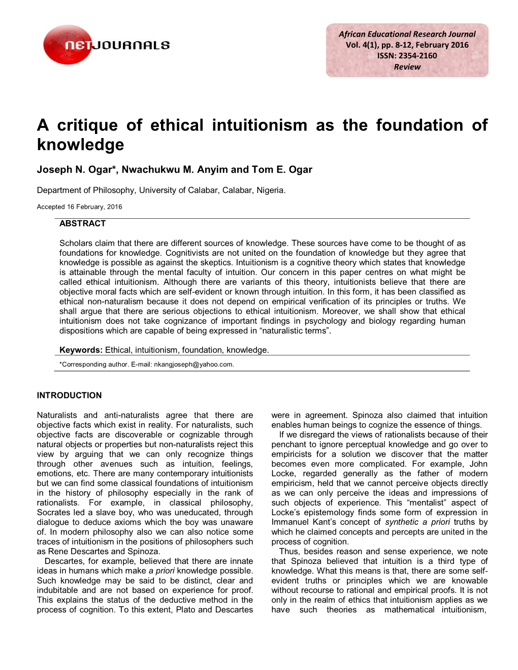 A Critique of Ethical Intuitionism As the Foundation of Knowledge