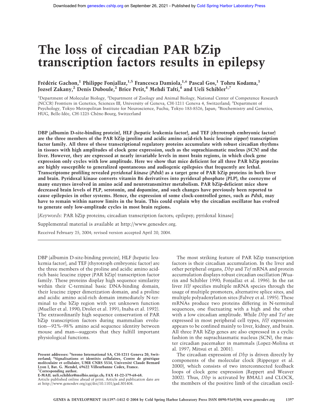 The Loss of Circadian PAR Bzip Transcription Factors Results in Epilepsy