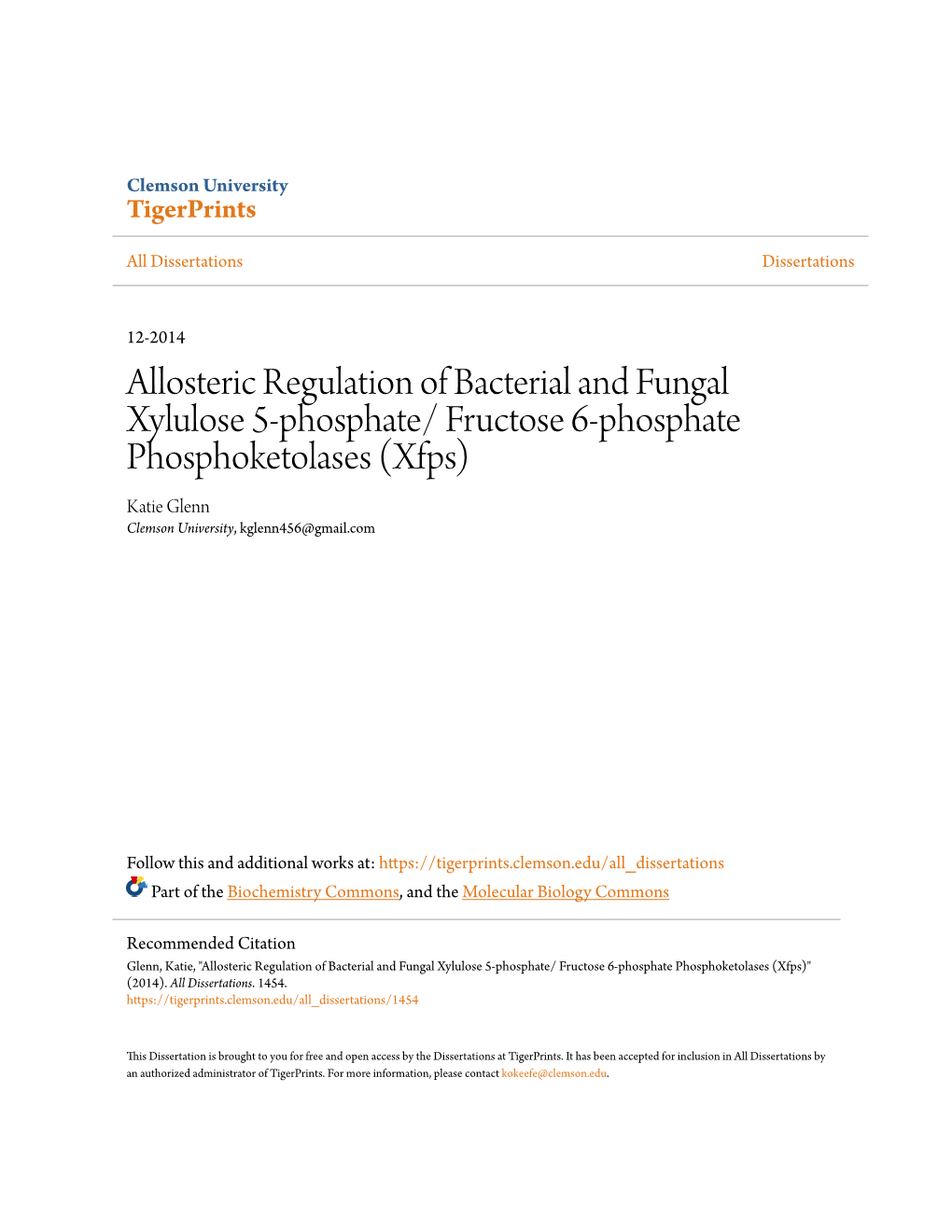 Fructose 6-Phosphate Phosphoketolases (Xfps) Katie Glenn Clemson University, Kglenn456@Gmail.Com