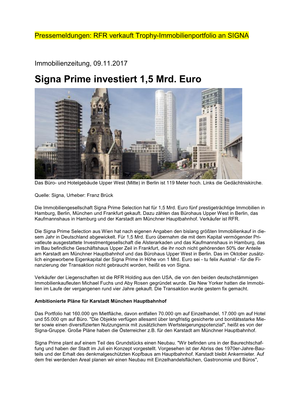 Signa Prime Investiert 1,5 Mrd. Euro