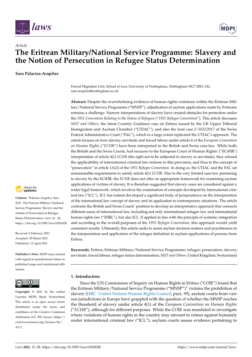 The Eritrean Military/National Service Programme: Slavery and the Notion of Persecution in Refugee Status Determination