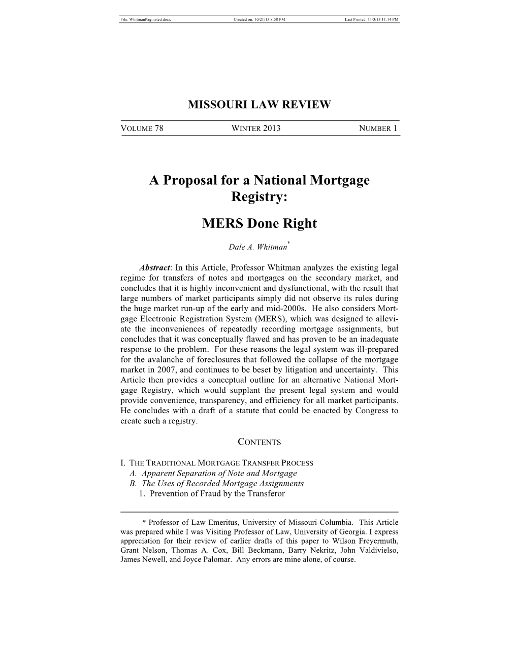 A Proposal for a National Mortgage Registry: MERS Done Right