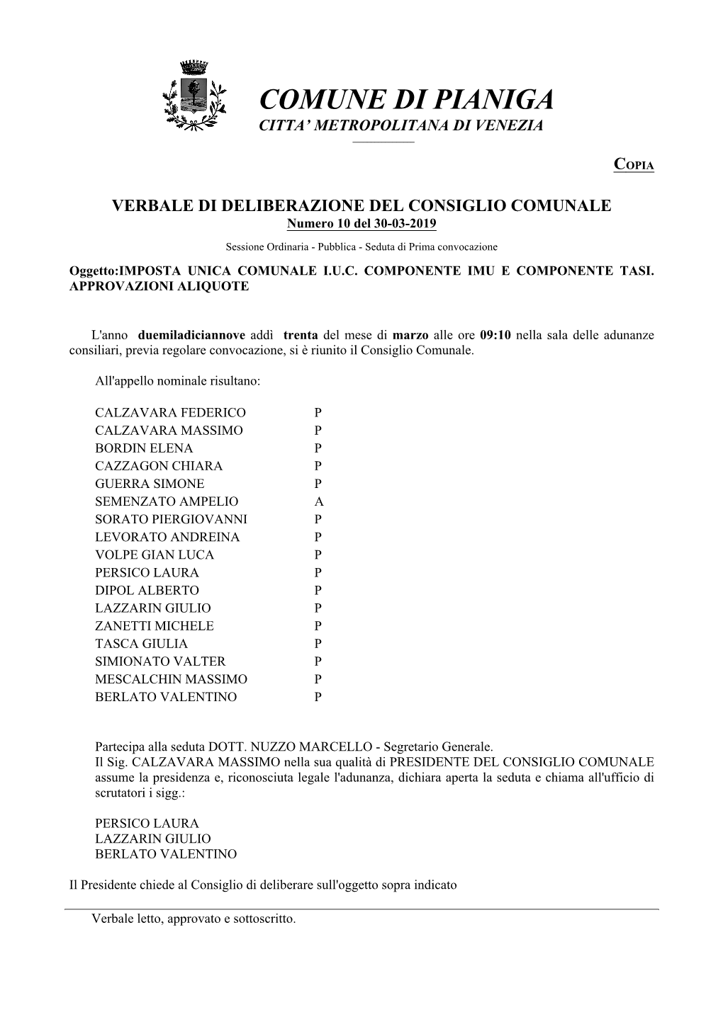 VERBALE DI DELIBERAZIONE DEL CONSIGLIO COMUNALE Numero 10 Del 30-03-2019