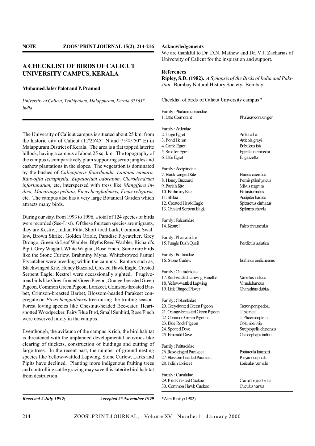 A CHECKLIST of BIRDS of CALICUT UNIVERSITY CAMPUS, KERALA References Ripley, S.D