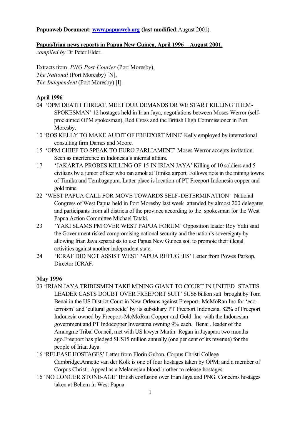 Papua/Irian News Reports in Papua New Guinea, April 1996 – August 2001