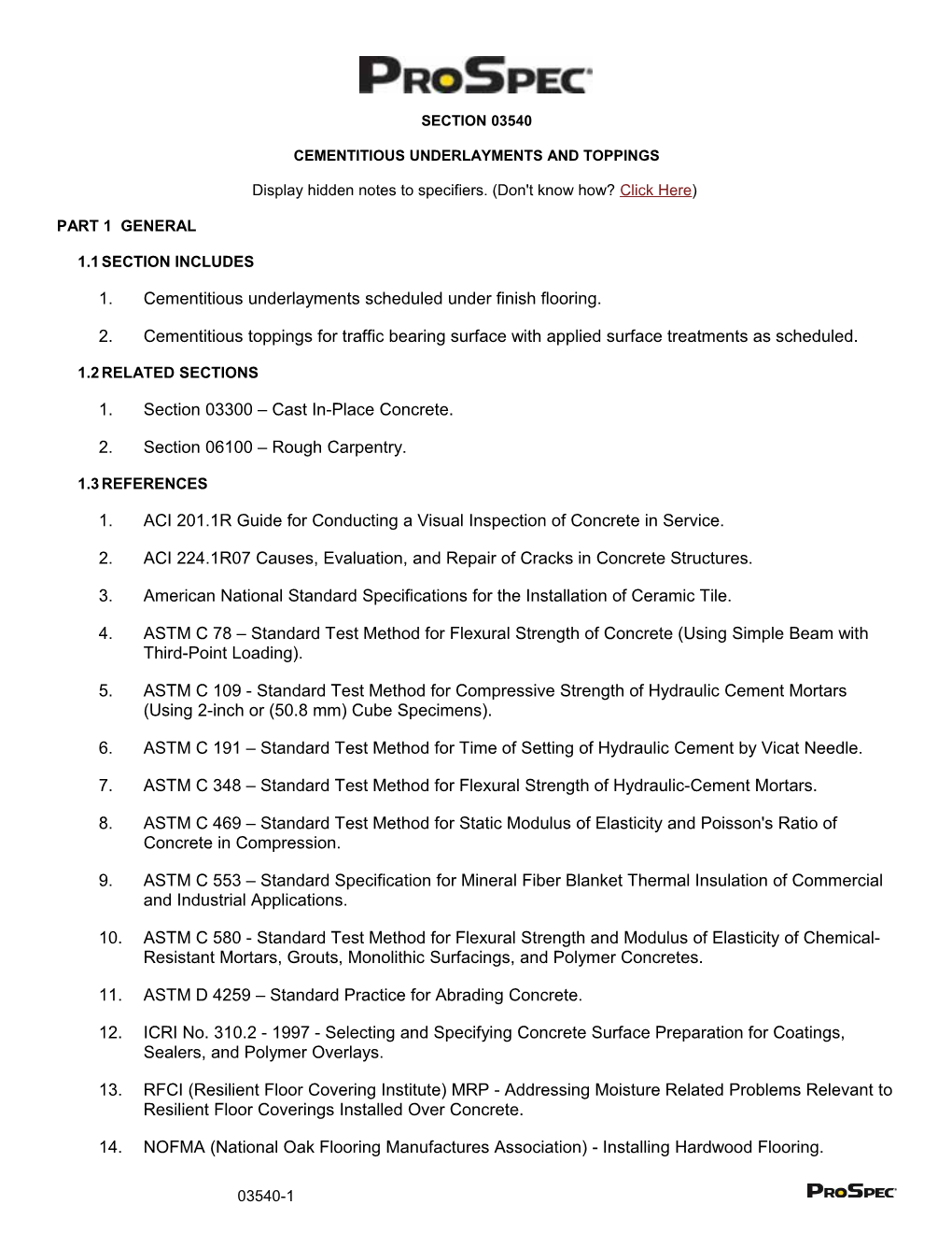 Section 03540 - Cementitious Underlayments and Toppings