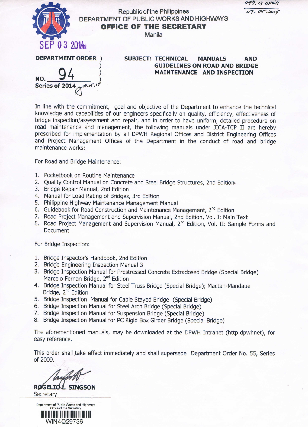 Sep 0 3 201~ Department Order ) Subject: Technical Manuals and ) Guidelines on Road and Bridge Maintenance and Inspection No