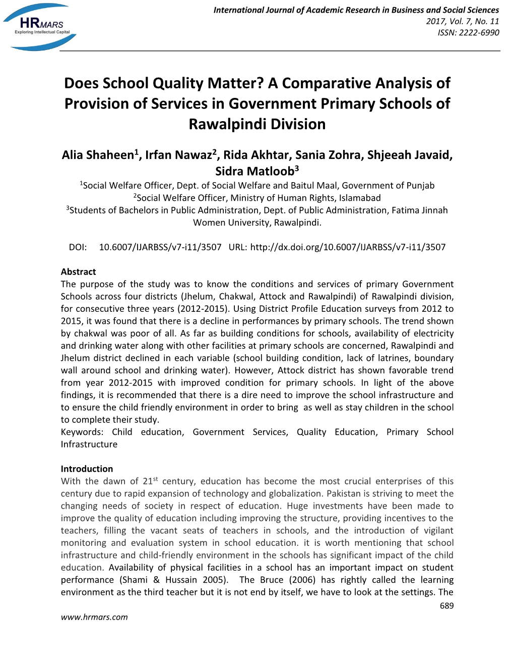 Does School Quality Matter? a Comparative Analysis of Provision of Services in Government Primary Schools of Rawalpindi Division