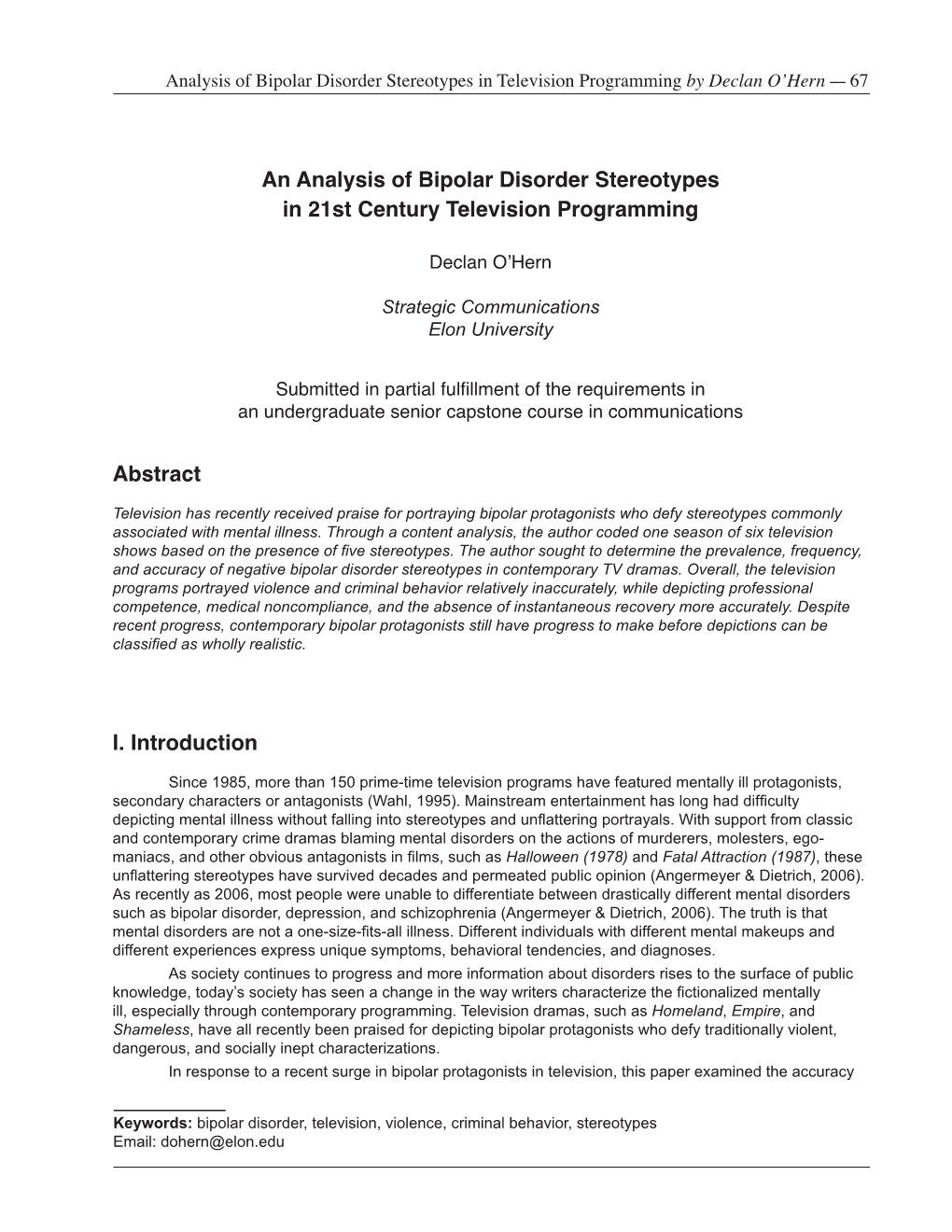 An Analysis of Bipolar Disorder Stereotypes in 21St Century Television Programming