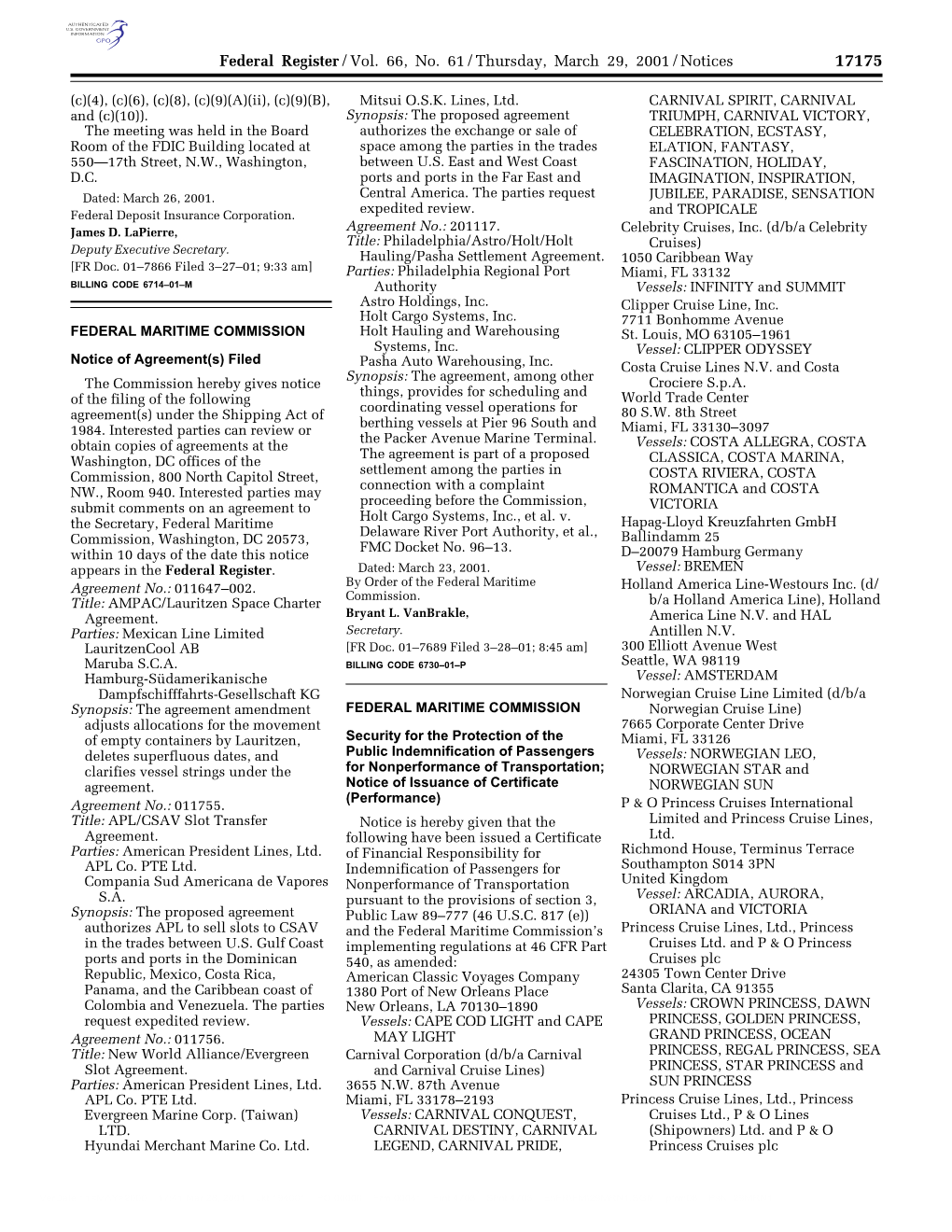 Federal Register/Vol. 66, No. 61/Thursday, March 29, 2001/Notices