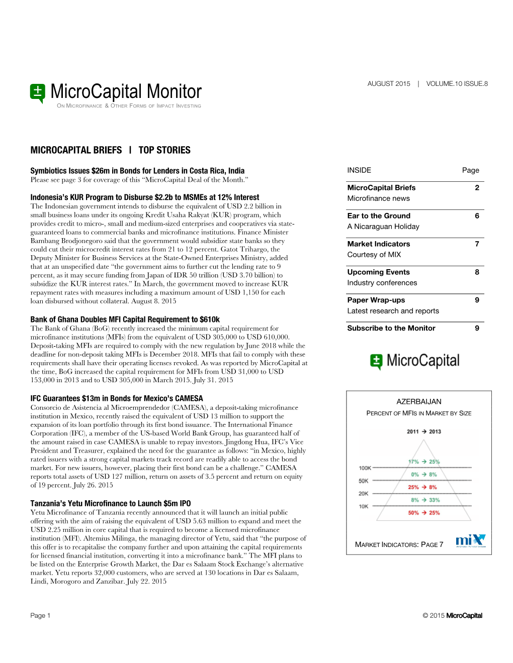 Microcapital Monitor AUGUST 2015 | VOLUME.10 ISSUE.8 on MICROFINANCE & OTHER FORMS of IMPACT INVESTING