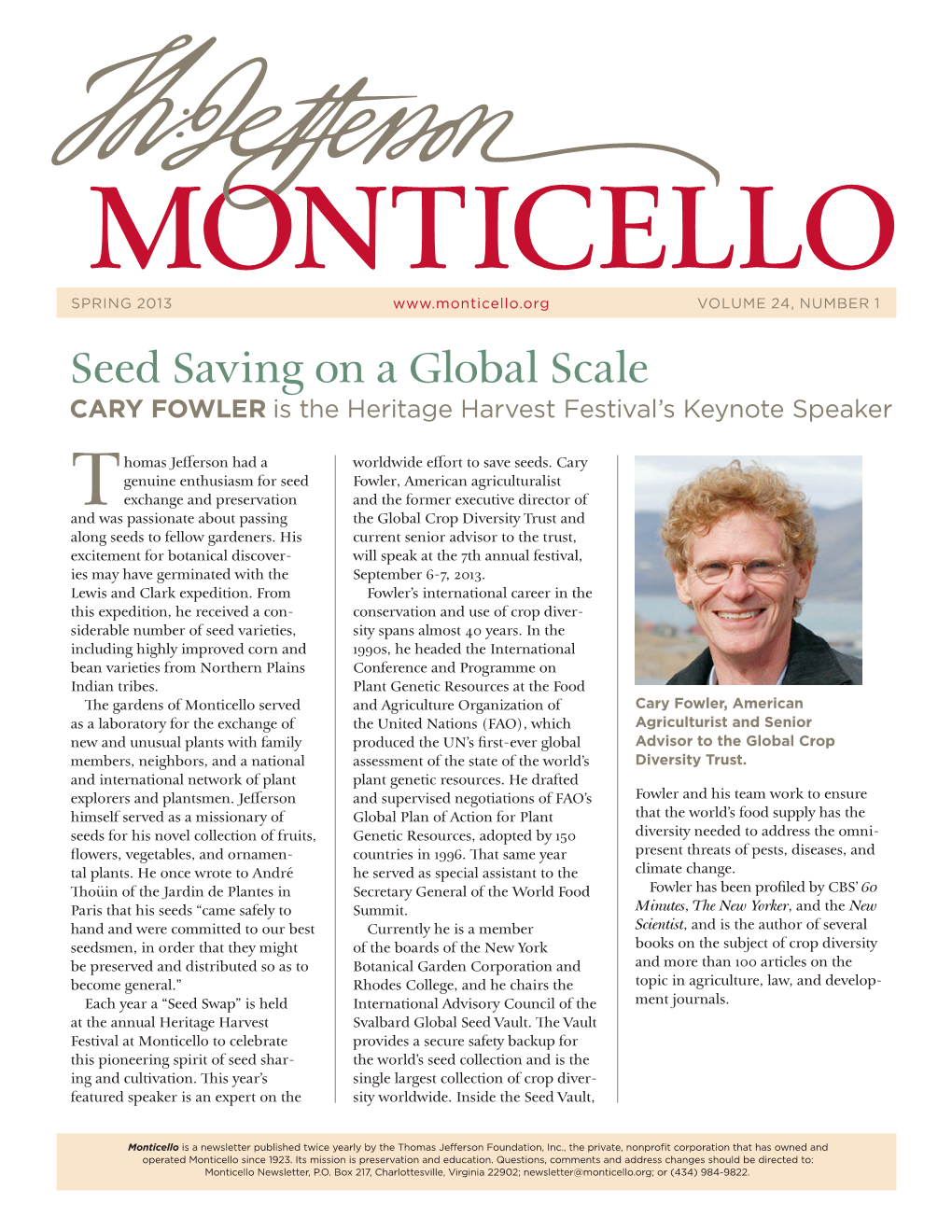 Seed Saving on a Global Scale: Cary Fowler Is the Heritage Harvest Festival's Keynote Speaker