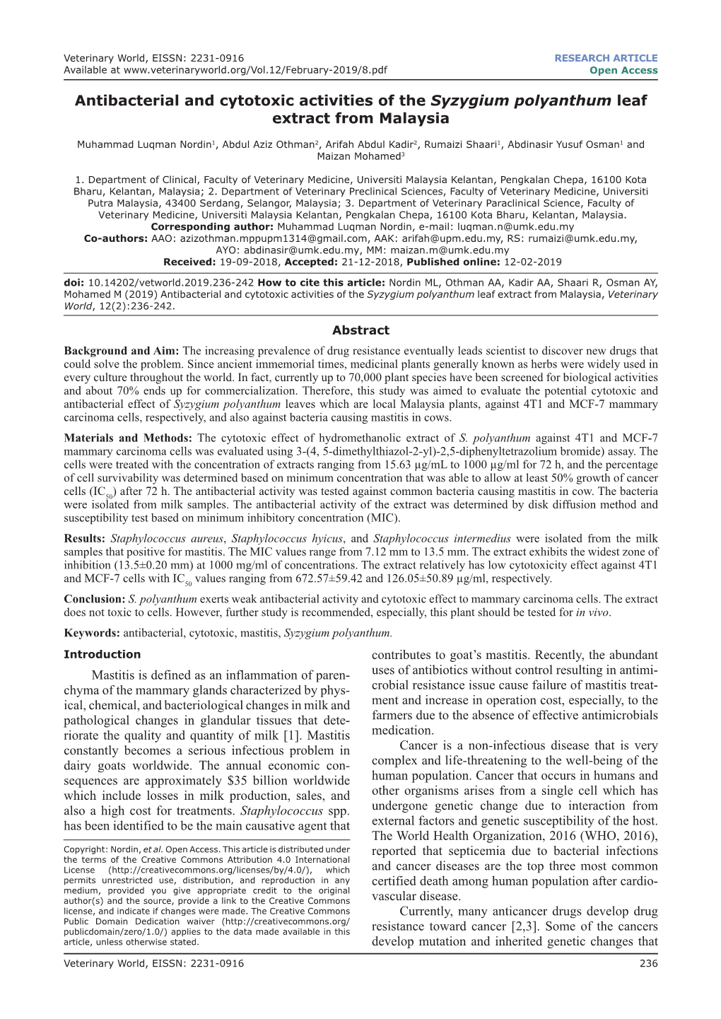 Antibacterial and Cytotoxic Activities of the Syzygium Polyanthum Leaf Extract from Malaysia