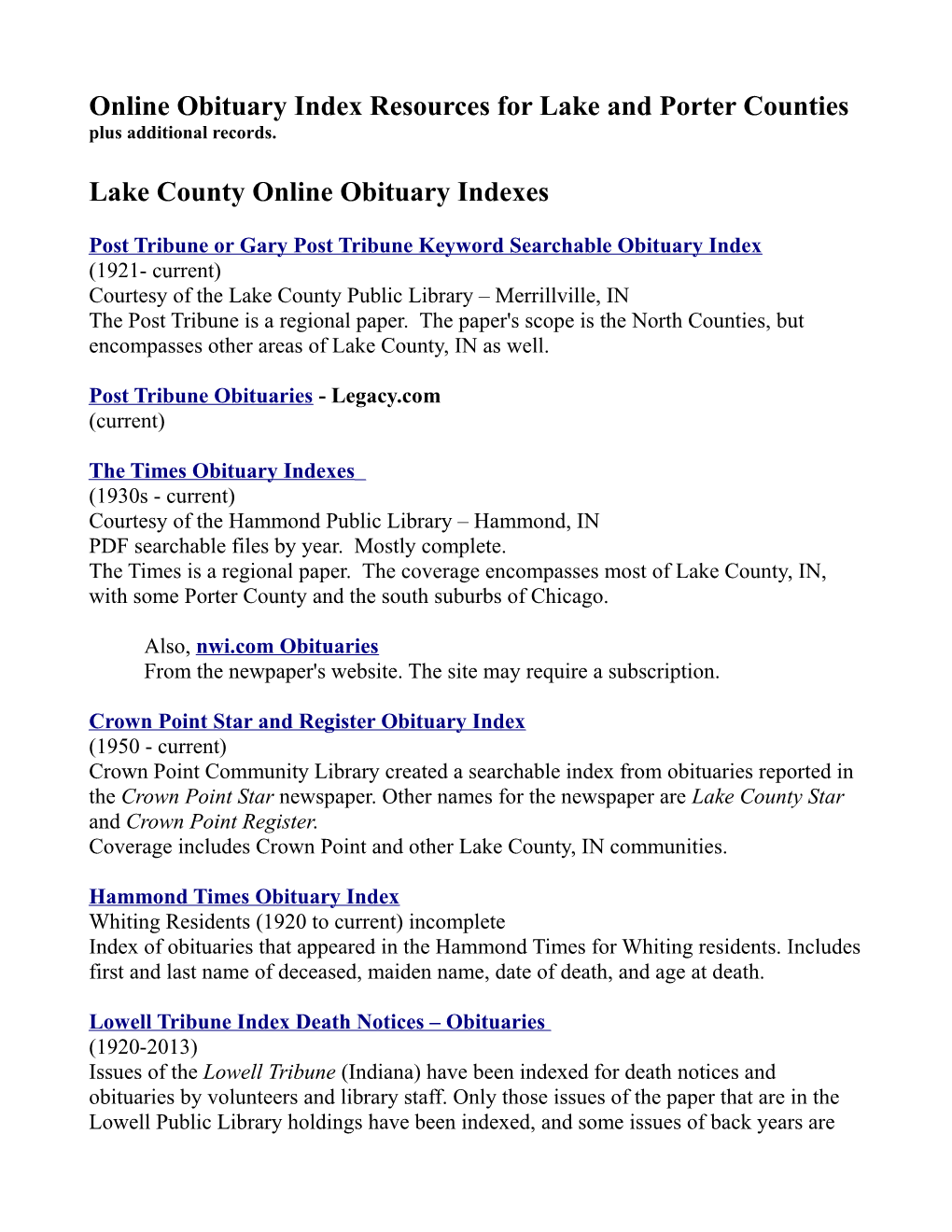 Online Obituary Index Resources for Lake and Porter Counties Plus Additional Records