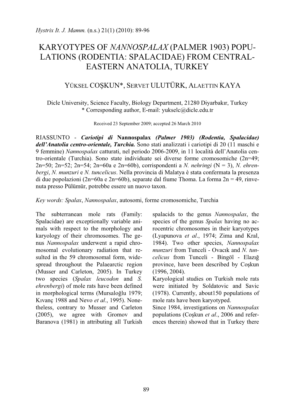 Karyotypes of Nannospalax (Palmer 1903) Popu- Lations (Rodentia: Spalacidae) from Central- Eastern Anatolia, Turkey