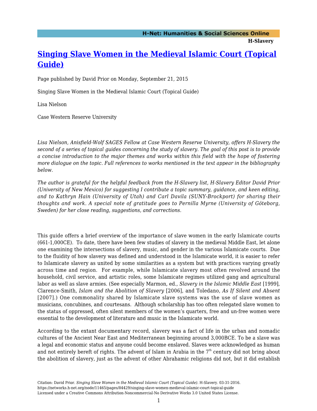 Singing Slave Women in the Medieval Islamic Court (Topical Guide)