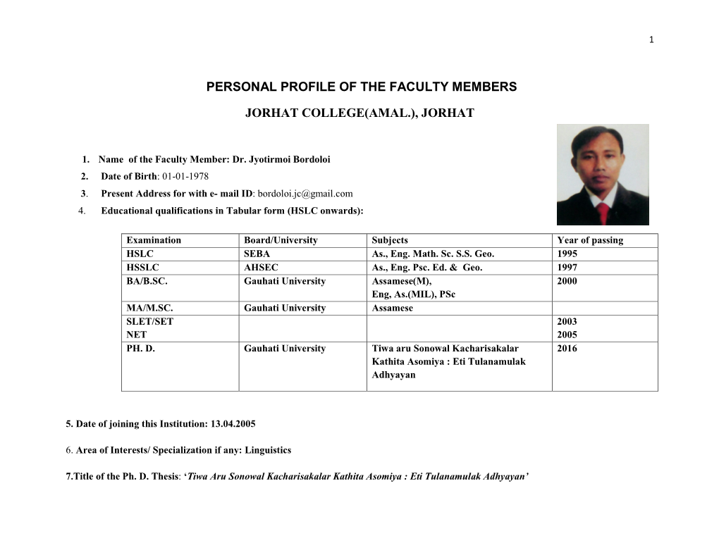 Personal Profile of the Faculty Members Jorhat College(Amal.)