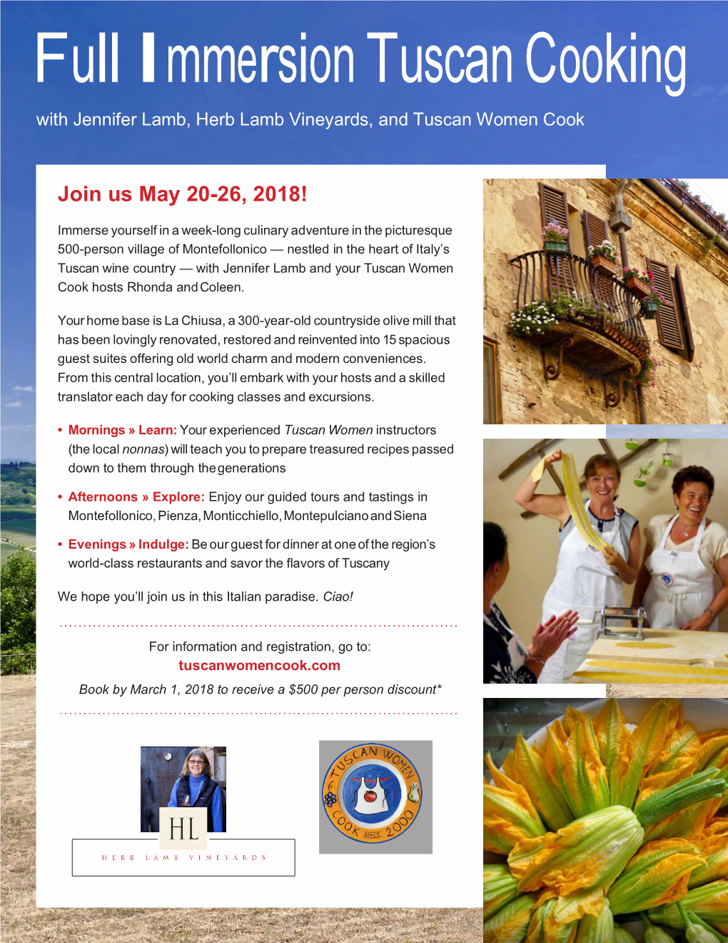Full Immersion Tuscan Cooking with Jennifer Lamb, Herb Lamb Vineyards, and Tuscan Women Cook