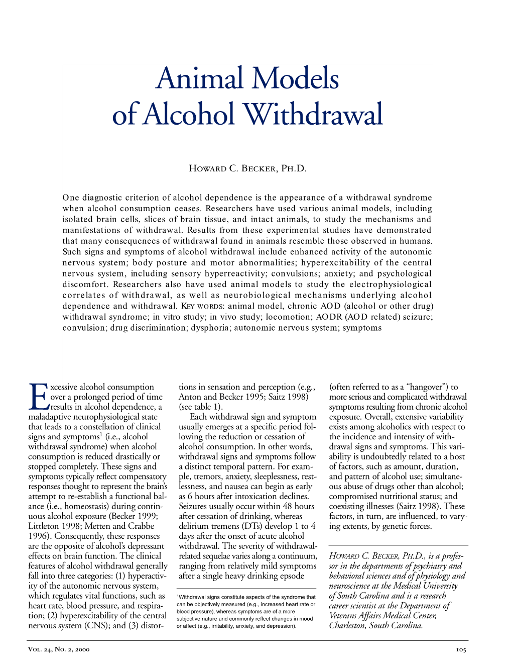 Animal Models of Alcohol Withdrawal