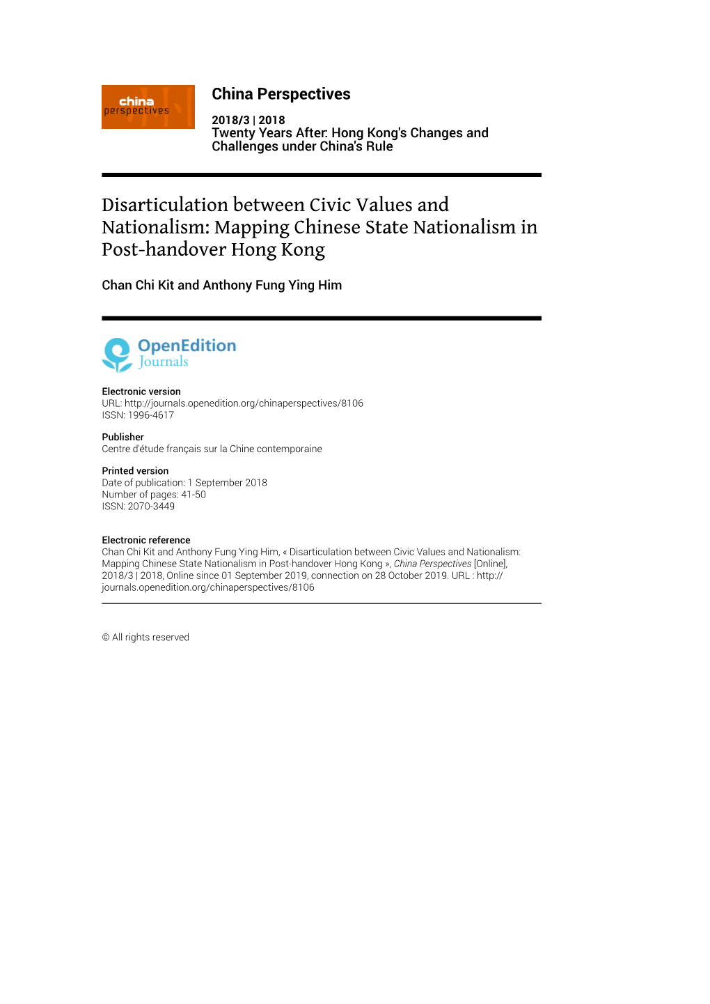 Disarticulation Between Civic Values and Nationalism: Mapping Chinese State Nationalism in Post-Handover Hong Kong
