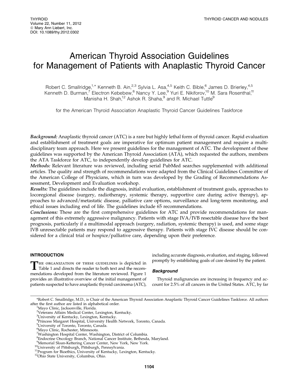 American Thyroid Association Guidelines for Management of Patients with Anaplastic Thyroid Cancer