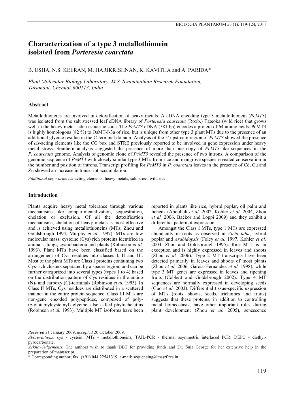 Characterization of a Type 3 Metallothionein Isolated from Porteresia Coarctata