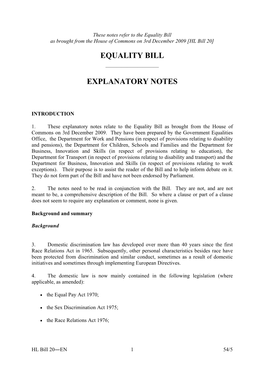 Equality Bill Explanatory Notes