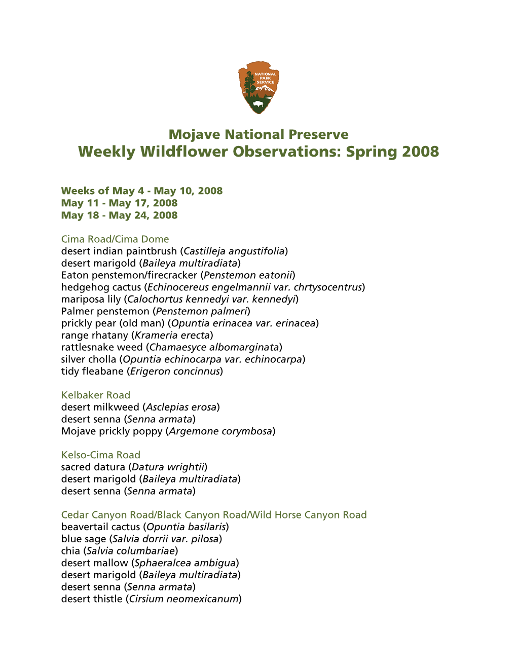 Weekly Wildflower Observations: Spring 2008