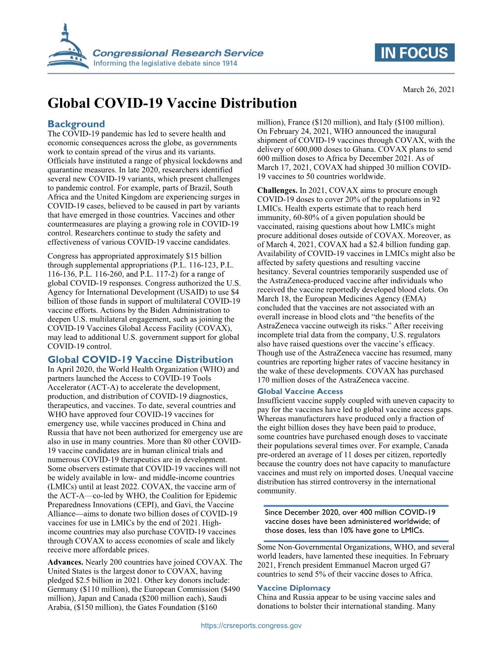 Global COVID-19 Vaccine Distribution Background Million), France ($120 Million), and Italy ($100 Million)