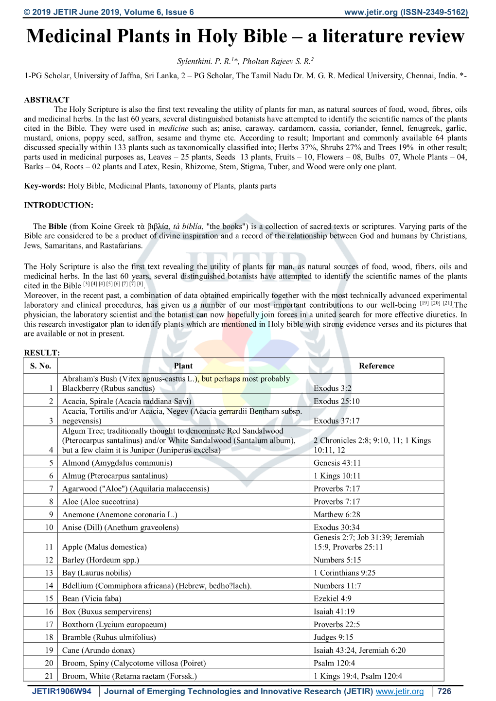 Medicinal Plants in Holy Bible – a Literature Review