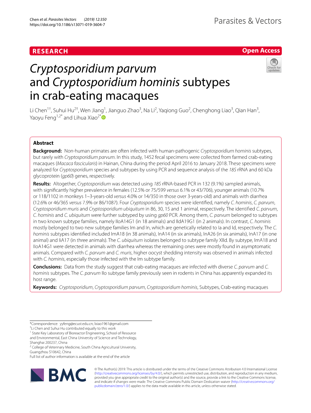 Cryptosporidium Parvum and Cryptosporidium Hominis Subtypes in Crab-Eating Macaques