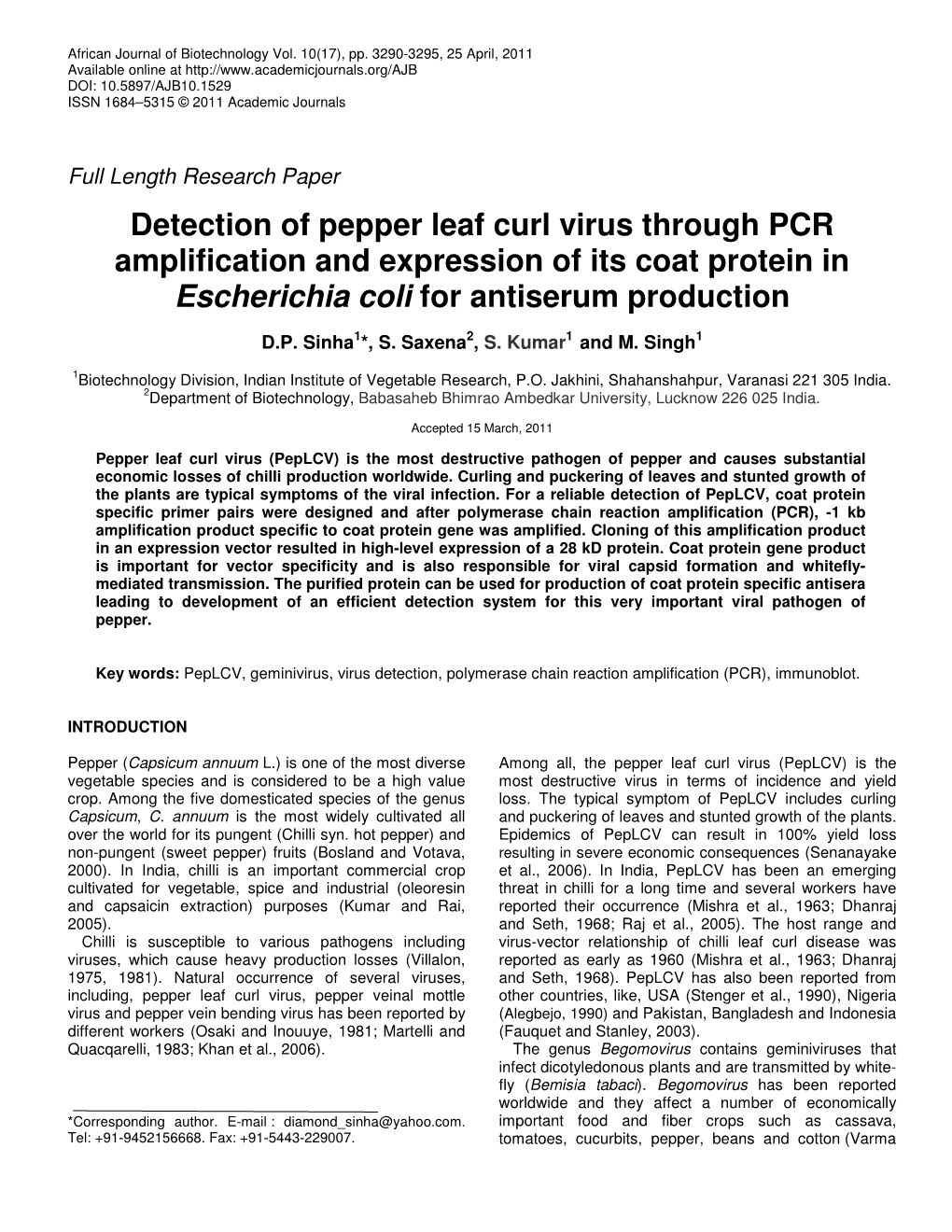 Detection of Pepper Leaf Curl Virus Through PCR Amplification and Expression of Its Coat Protein in Escherichia Coli for Antiserum Production