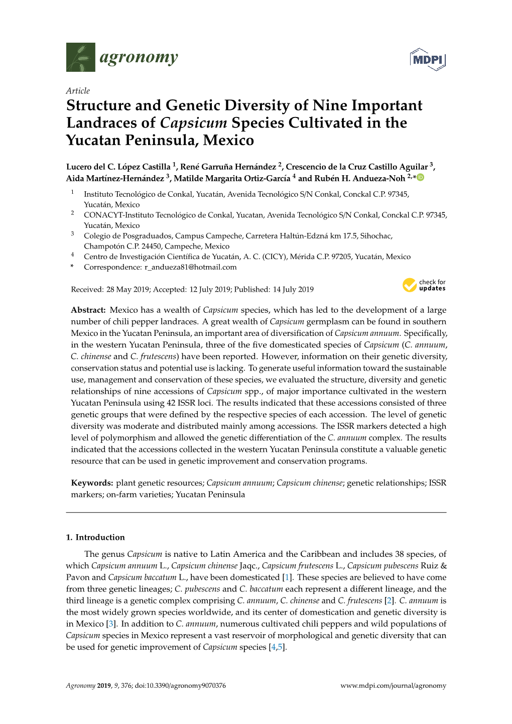 Structure and Genetic Diversity of Nine Important Landraces of Capsicum Species Cultivated in the Yucatan Peninsula, Mexico