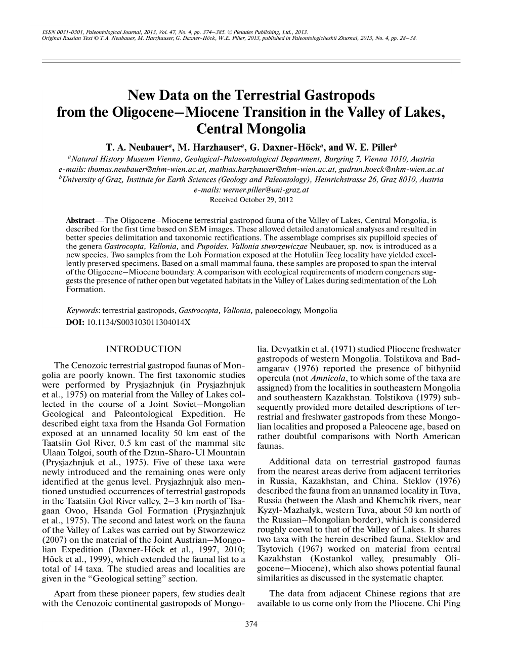 New Data on the Terrestrial Gastropods from the Oligocene–Miocene Transition in the Valley of Lakes, Central Mongolia T