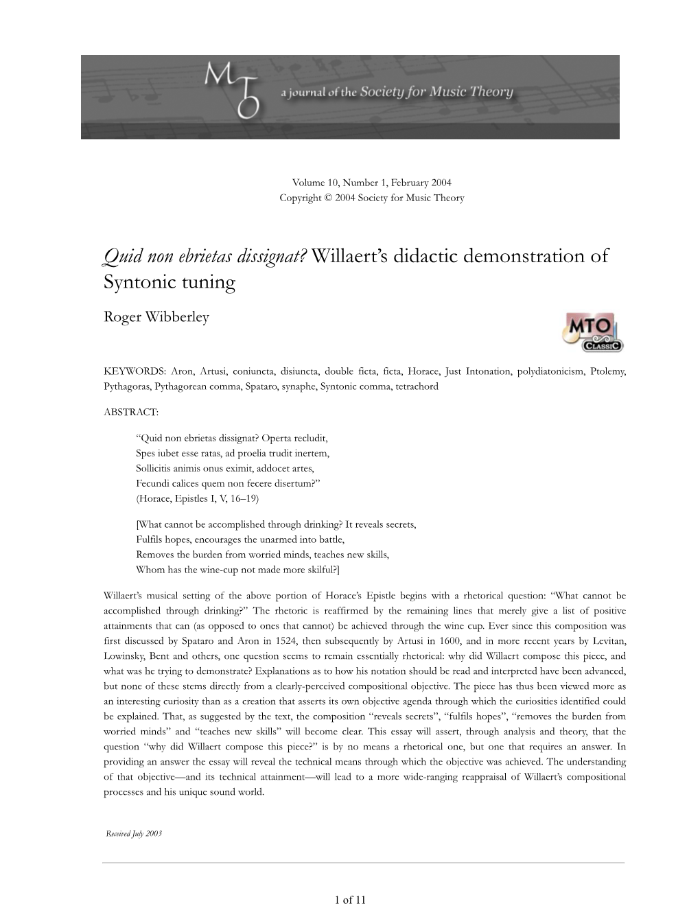 MTO 10.1: Wibberley, Willaert's Didactic Demonstration of Syntonic