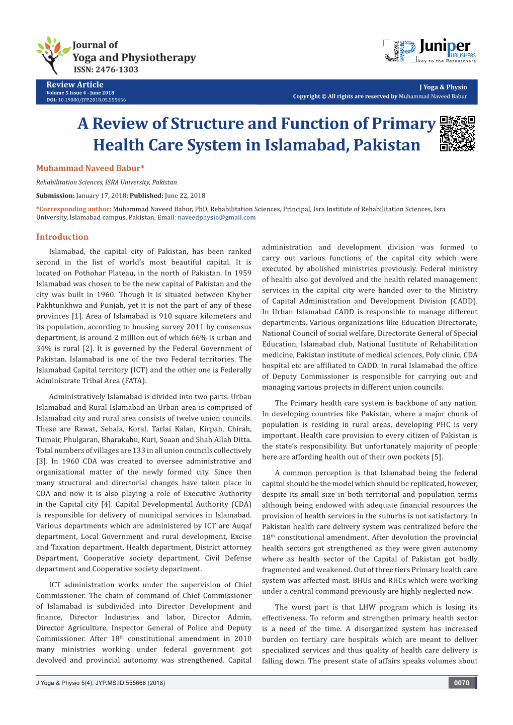 A Review of Structure and Function of Primary Health Care System in Islamabad, Pakistan