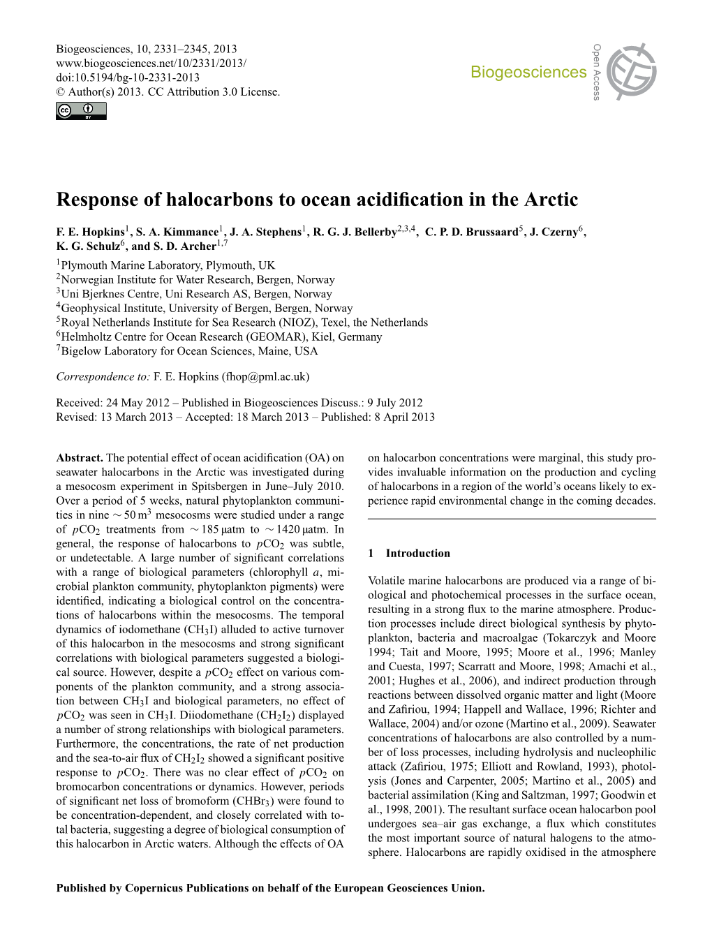 Response of Halocarbons to Ocean Acidification In