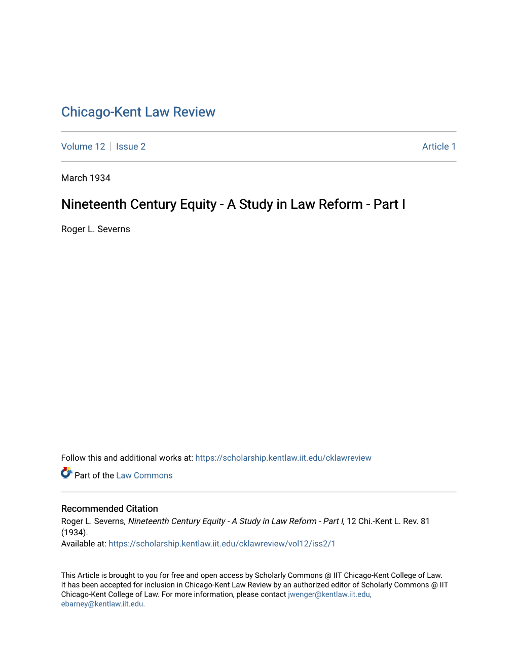 Nineteenth Century Equity - a Study in Law Reform - Part I
