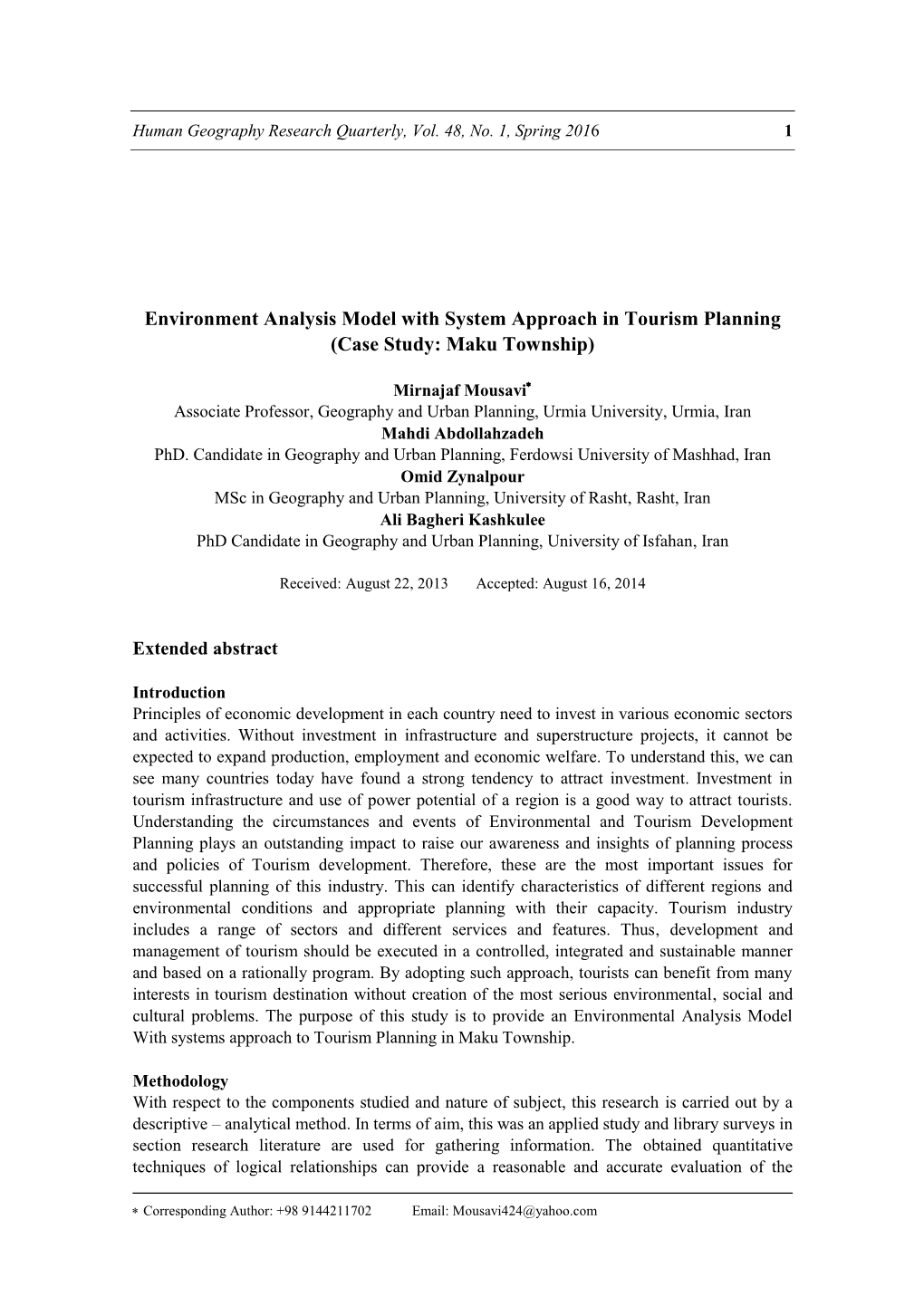 Environment Analysis Model with System Approach in Tourism Planning (Case Study: Maku Township)