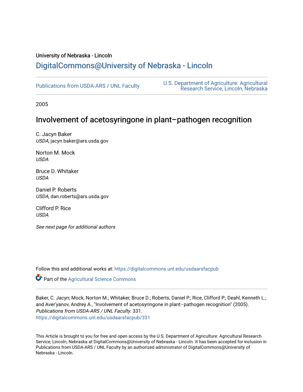 Involvement of Acetosyringone in Plant–Pathogen Recognition