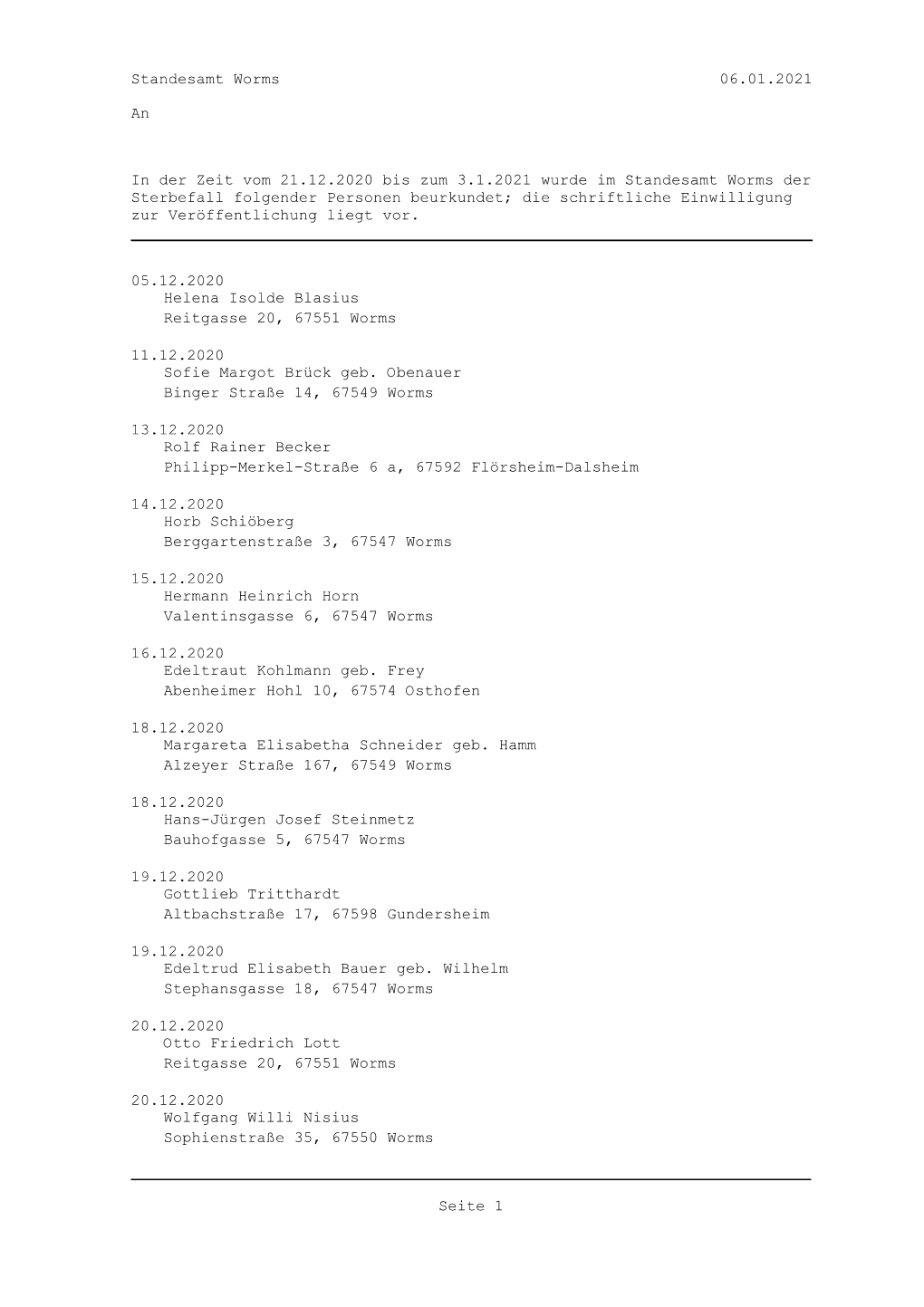 06.01.2021 Standesamt Worms an in Der Zeit Vom 21.12.2020 Bis Zum