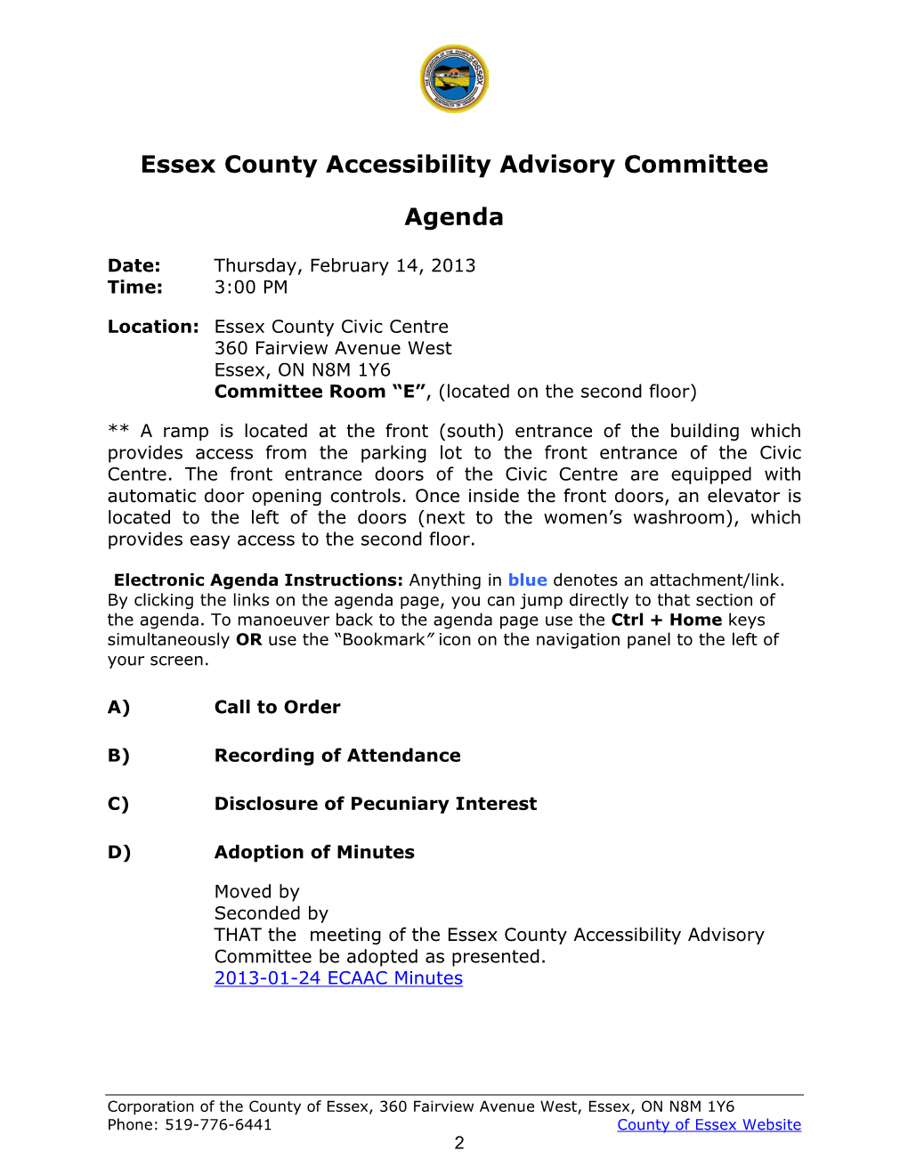 Essex County Accessibility Advisory Committee Agenda Page 2 of 4 Thursday, February 14, 2013