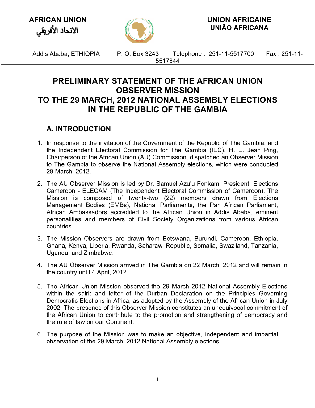 Preliminary Statement of the African Union Observer Mission to the 29 March, 2012 National Assembly Elections in the Republic of the Gambia