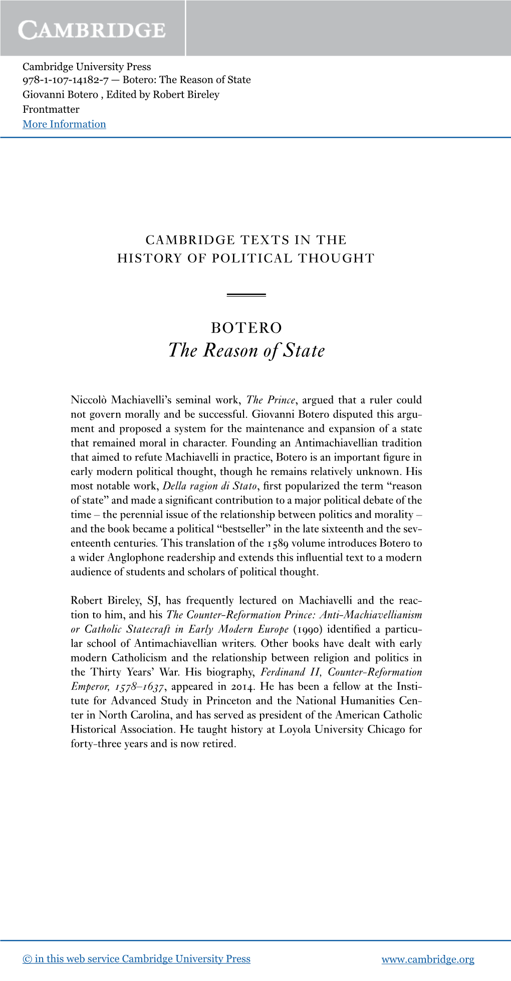 The Reason of State Giovanni Botero , Edited by Robert Bireley Frontmatter More Information