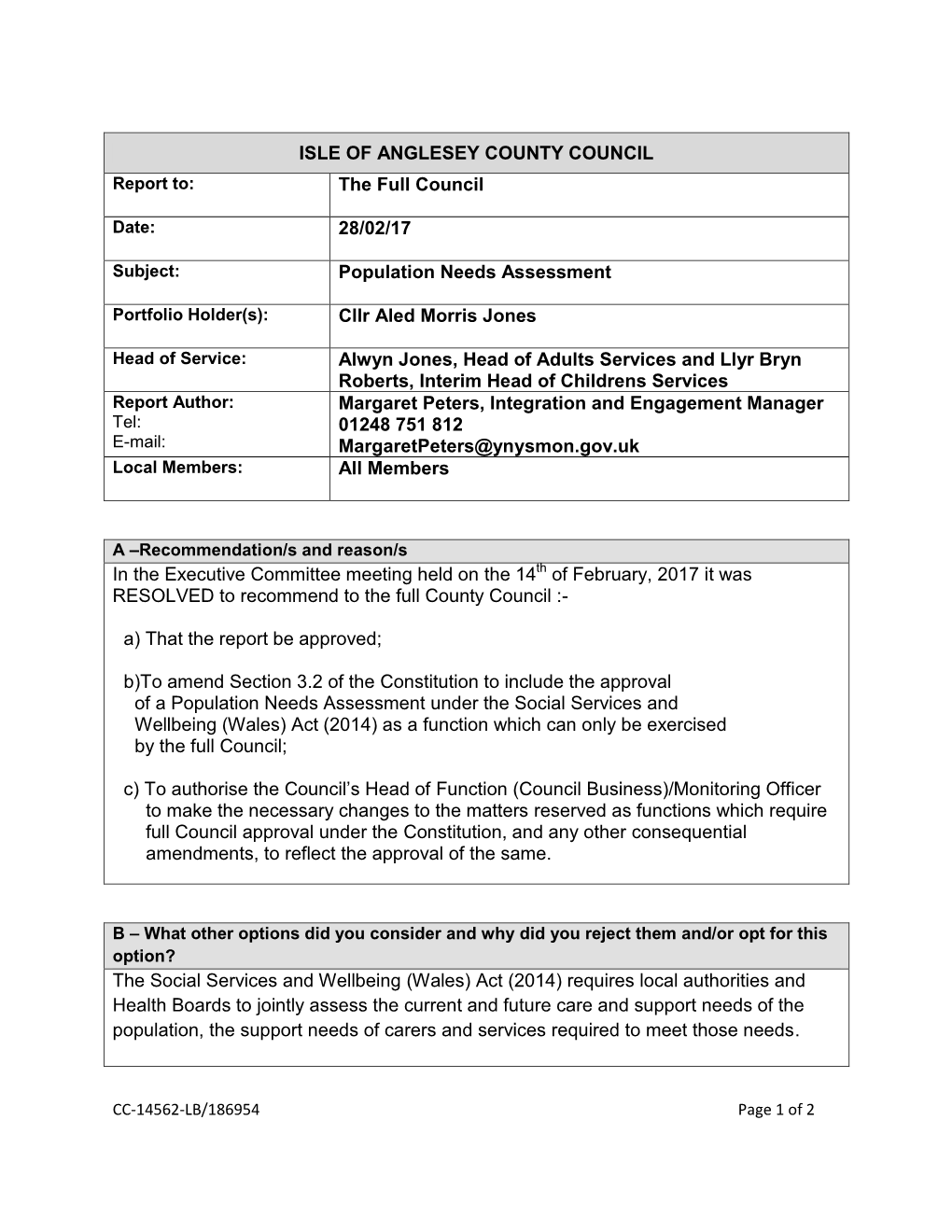 ISLE of ANGLESEY COUNTY COUNCIL the Full Council 28/02