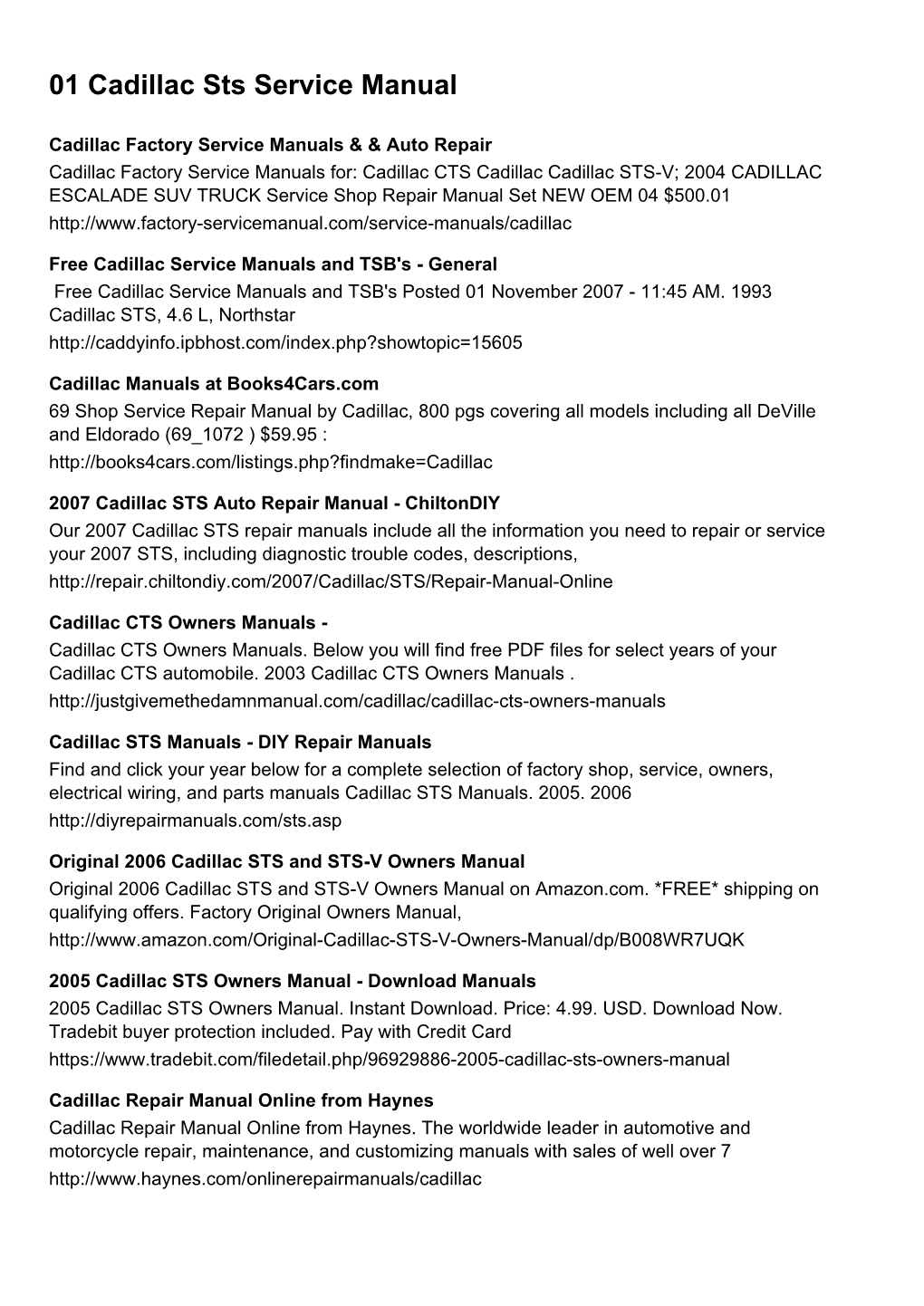 01 Cadillac Sts Service Manual